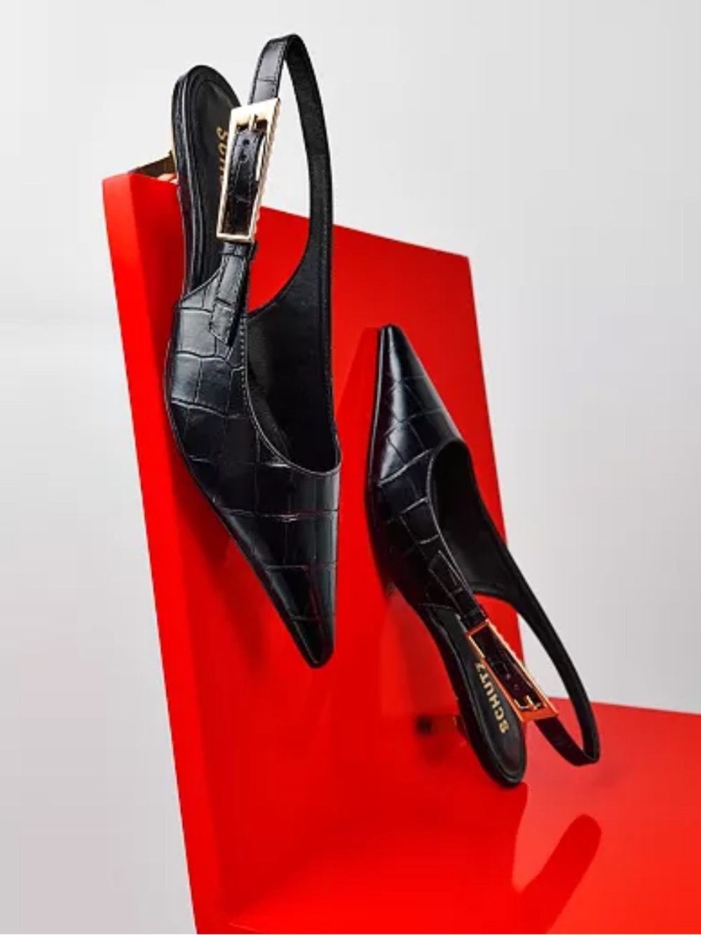 Schutz 6.5 Ciara Slingback Kitten Pump Black Gold Heels Embossed Leather Croc